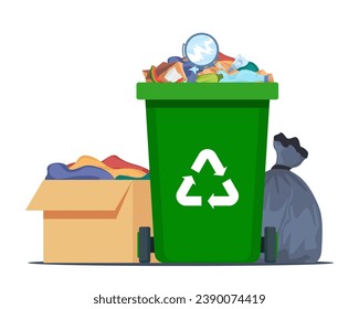 Full garbage bin, black plastic trash bag, paper box with trash. Overflowing recycling container with trash. Green recycle can. Street dump pollution, trashcan basket. Vector illustration