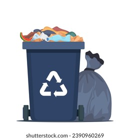 Full garbage bin and black plastic trash bag around. Overflowing recycling container with trash. Black recycle can. Street dump pollution, bin container pile, trashcan basket. Vector illustration