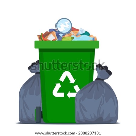 Full garbage bin and black plastic trash bags around. Overflowing recycling container with trash. Green recycle can. Street dump pollution, bin container pile, trashcan basket. Vector illustration