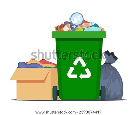 Full garbage bin, black plastic trash bag, paper box with trash. Overflowing recycling container with trash. Green recycle can. Street dump pollution, trashcan basket. Vector illustration