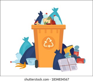 Full garbage bin. Overflowing recycling container with plastic bags and litter. Vector recycle can with pile of plastic waste. Street dump pollution, bin container pile, trashcan basket illustration