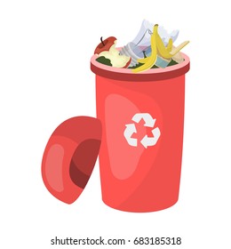 A full garbage can with waste. Rubbish and Ecology single icon in cartoon style vector symbol stock illustration web.