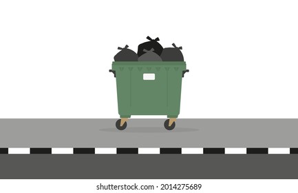 Full garbage container stands on the sidewalk on a white background