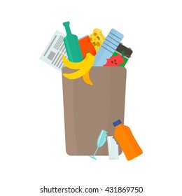 Full garbage an urn. Debris fell to the ground. Flat vector illustration isolate on belomfone.