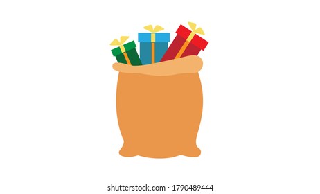 Full gift open and closed santa claus red bag. Isolated on white vector cartoon illustration.