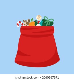 Full gift open santa claus red bag. Cartoon illustration.