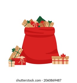 Full gift open santa claus red bag. Cartoon illustration.