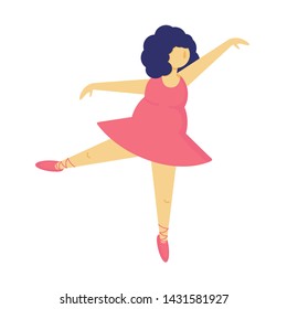 Full girl dancing. A young woman in a dress engaged in dancing. Body positive movement. Vector illustration, character in flat style
