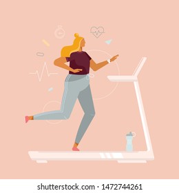 Full girl runs on a treadmill. Active lifestyle and weight loss. Female body-positive character. Vector trendy illustration, flat design. Pink background, isolated. 
