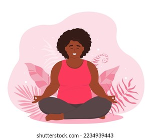 A full girl is sitting in the lotus position on a background of tropical leaves. An overweight african american woman does yoga, gym. The concept of body positivity, self-perception. Vector graphics.