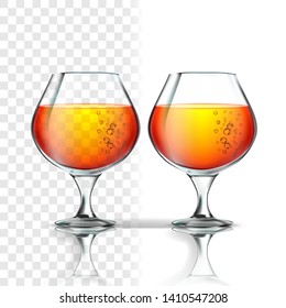 Full Glass Of Alcoholic Beverage Cognac Vector. Cup With Cognac, Whisky, Bourbon, Rum Or Scotch Drink With Bubbles On Transparent Background. Snifter With Liquid Realistic 3d Illustration