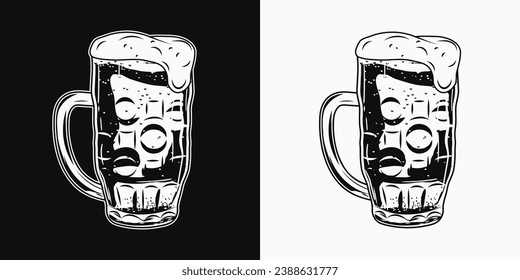 vaso lleno de cerveza. Mug con mango y espuma de cerveza desbordante. Bebida transparente filtrada. Ilustración monocroma vintage sobre fondo blanco y negro.