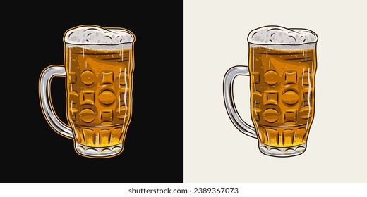 vaso lleno de cerveza. Mug con mango y espuma de cerveza. Bebida transparente filtrada. Ilustración vintage sobre fondo blanco y negro.