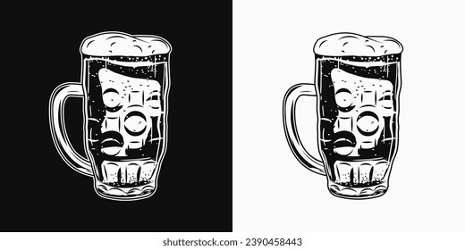 vaso lleno de cerveza. Mug con mango y espuma de cerveza. Ilustración monocroma vintage sobre fondo blanco y negro. No IA