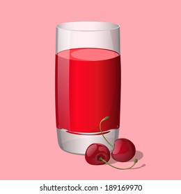 Full glass of cherry juice isolated on light background. Vector Illustration