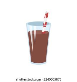 Full glass of chocolate drink flat vector illustration. Cartoon drawing of cup with cocoa, chocolate milk, cocktail or milkshake with straw on white background. Beverage, food, dessert concept