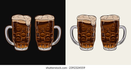 vaso lleno de cerveza oscura. Mug con mango y espuma de cerveza desbordante. Bebida transparente filtrada. Ilustración vintage sobre fondo blanco y negro.