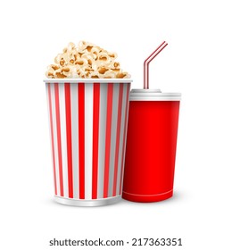 Vidrio completo con ilustraciones vectoriales de bebida y palomitas aisladas sobre fondo blanco 