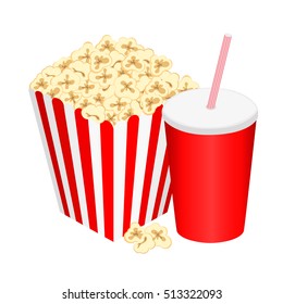full glass with drink and popcorn, vector illustration
