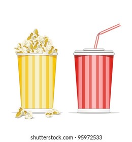 full glass with drink and popcorn vector illustration isolated on white background