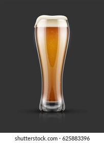 Volles Glas frisches, frisches helles Lagerbier mit Frost. Einzeln auf dunklem Hintergrund mit Schatten. Bier in der Kneipe für Oktoberfest trinken Urlaub. Vektorgrafik.