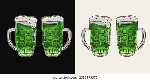 vaso lleno de cerveza verde. Mug con mango y espuma de cerveza desbordante. Bebida transparente filtrada. Ilustración vintage para la decoración del día Patricks