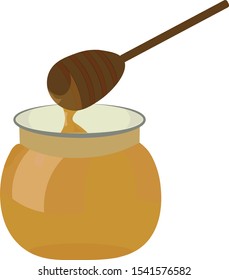 full glass Jar, barrel, dipper with sweet honey, dripping from a wooden spoon. fair. sweet, yellow, wild honey isolated on white background eps 10 vector.