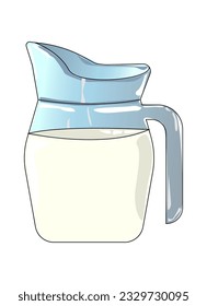 Ilustración vectorial de la jarra de vidrio completa aislada sobre fondo blanco. Pitcher de la imagen de la leche en una caricatura de estilo plano