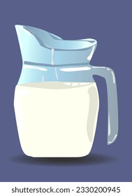Ilustración vectorial de la jarra de vidrio completa aislada sobre fondo blanco. Pitcher de la imagen de la leche en una caricatura de estilo plano