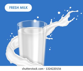 Full glass with milk. Realistic vector illustration. Fresh product, interesting 3d illustration. Milk or yogurt splashes.