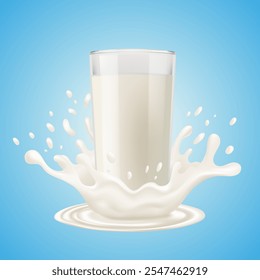 Full glass of milk with splash and jet on blue background.