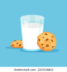 Full glass of milk with traditional chip cookies with chocolate. Vector illustration isolated on blue background.