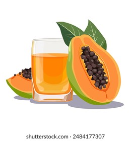 Vaso lleno de naranja recién exprimido y saludable jugo de papaya aislado sobre fondo blanco. Ilustración vectorial en estilo plano con bebida tropical. Clipart de verano para tarjeta, Anuncio, flyer, diseño de póster