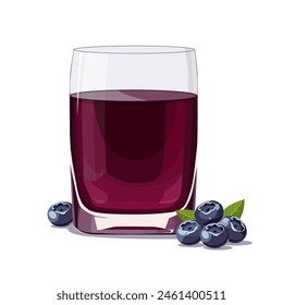 Volles Glas lila frisch und gesund gepressten Heidelbeersaft isoliert auf weißem Hintergrund. Vektorillustration im flachen Stil mit Diätgetränk. Sommer-Clipart für Card, Banner, Flyer, Poster des