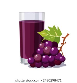 Vaso lleno de purpura fresco y saludable exprimió jugo de uva aislado sobre fondo blanco. Ilustración vectorial en estilo plano con bebida dietética. Clipart de verano para tarjeta, Anuncio, flyer, diseño de póster