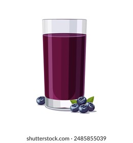 Full glass of purple freshly and healthy squeezed blueberry juice isolated on white background. Vector illustration in flat style with dietary drink. Summer clipart for card, banner, flyer, poster des