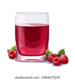 Full glass of red freshly and healthy squeezed raspberries juice isolated on white background. Vector illustration in flat style with berry drink. Summer clipart for card, banner, flyer, design
