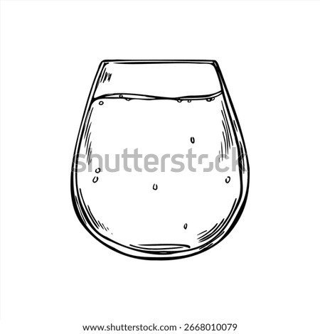 Full glass with refreshing carbonated drink monochrome vector isolated illustration in linear outline style. Mineral water with bubbles etching drawing. Sparkling tonic for menu, hydration design.