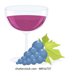 full glass of wine and a brush of dark grapes. Vector illustration