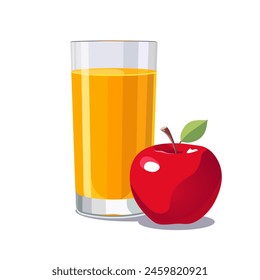 Vaso lleno de zumo de manzana exprimida fresca y saludable amarilla aislada sobre fondo blanco. Ilustración vectorial en estilo plano con bebida dietética. Clipart de verano para tarjeta, Anuncio, flyer, diseño de póster