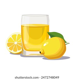 Vaso lleno de jugo de limón exprimido fresco y saludable amarillo aislado sobre fondo blanco. Ilustración vectorial en estilo plano con bebida cítrica. Clipart de verano para tarjeta, Anuncio, flyer, diseño de póster