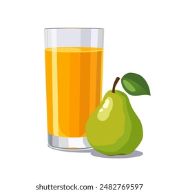 Vaso lleno de jugo de pera exprimida fresca y sana amarilla aislada sobre fondo blanco. Ilustración vectorial en estilo plano con bebida dietética. Clipart de verano para tarjeta, Anuncio, flyer, diseño de póster