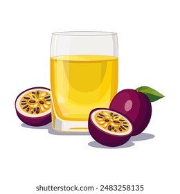 Vaso lleno de zumo de fruta de la pasión exprimida fresca y sana amarilla aislada sobre fondo blanco. Ilustración vectorial en estilo plano con bebida tropical. Clipart de verano para tarjeta, Anuncio, flyer, poste