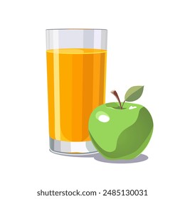 Vaso lleno de zumo de manzana exprimida fresca y saludable amarilla aislada sobre fondo blanco. Ilustración vectorial en estilo plano con bebida dietética. Clipart de verano para tarjeta, Anuncio, flyer, diseño de póster