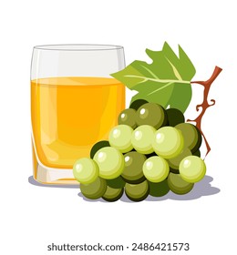 Vaso lleno de jugo de uva exprimida fresca y saludable amarilla aislada sobre fondo blanco. Ilustración vectorial en estilo plano con bebida dietética. Clipart de verano para tarjeta, Anuncio, flyer, diseño de póster