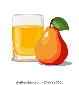 Vaso lleno de jugo de pera exprimida fresca y sana amarilla aislada sobre fondo blanco. Ilustración vectorial en estilo plano con bebida dietética. Clipart de verano para tarjeta, Anuncio, flyer, diseño de póster