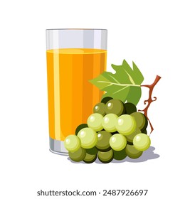 Vaso lleno de jugo de uva exprimida fresca y saludable amarilla aislada sobre fondo blanco. Ilustración vectorial en estilo plano con bebida dietética. Clipart de verano para tarjeta, Anuncio, flyer, diseño de póster