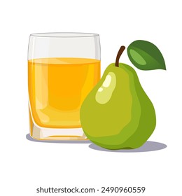 Vaso lleno de jugo de pera exprimida fresca y sana amarilla aislada sobre fondo blanco. Ilustración vectorial en estilo plano con bebida dietética. Clipart de verano para tarjeta, Anuncio, flyer, diseño de póster