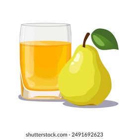 Vaso lleno de jugo de pera exprimida fresca y sana amarilla aislada sobre fondo blanco. Ilustración vectorial en estilo plano con bebida dietética. Clipart de verano para tarjeta, Anuncio, flyer, diseño de póster