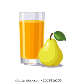 Full glass of yellow freshly and healthy squeezed pear juice isolated on white background. Vector illustration in flat style with dietary drink. Summer clipart for card, banner, flyer, poster design